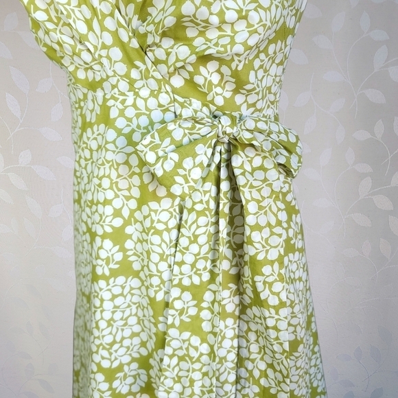 Lesley Evers Cotton Bold Botanical Print Wrap Dress Lime Green White Bow Tie - Picture 4 of 12